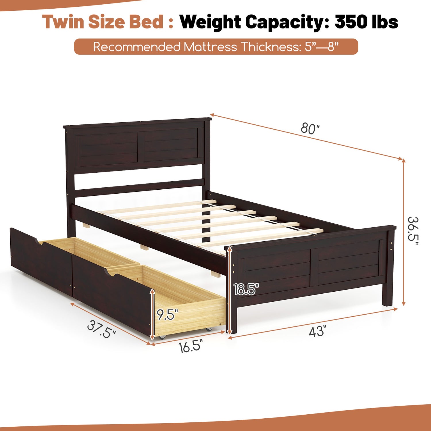 Twin Size Bed Frame with Storage Drawers