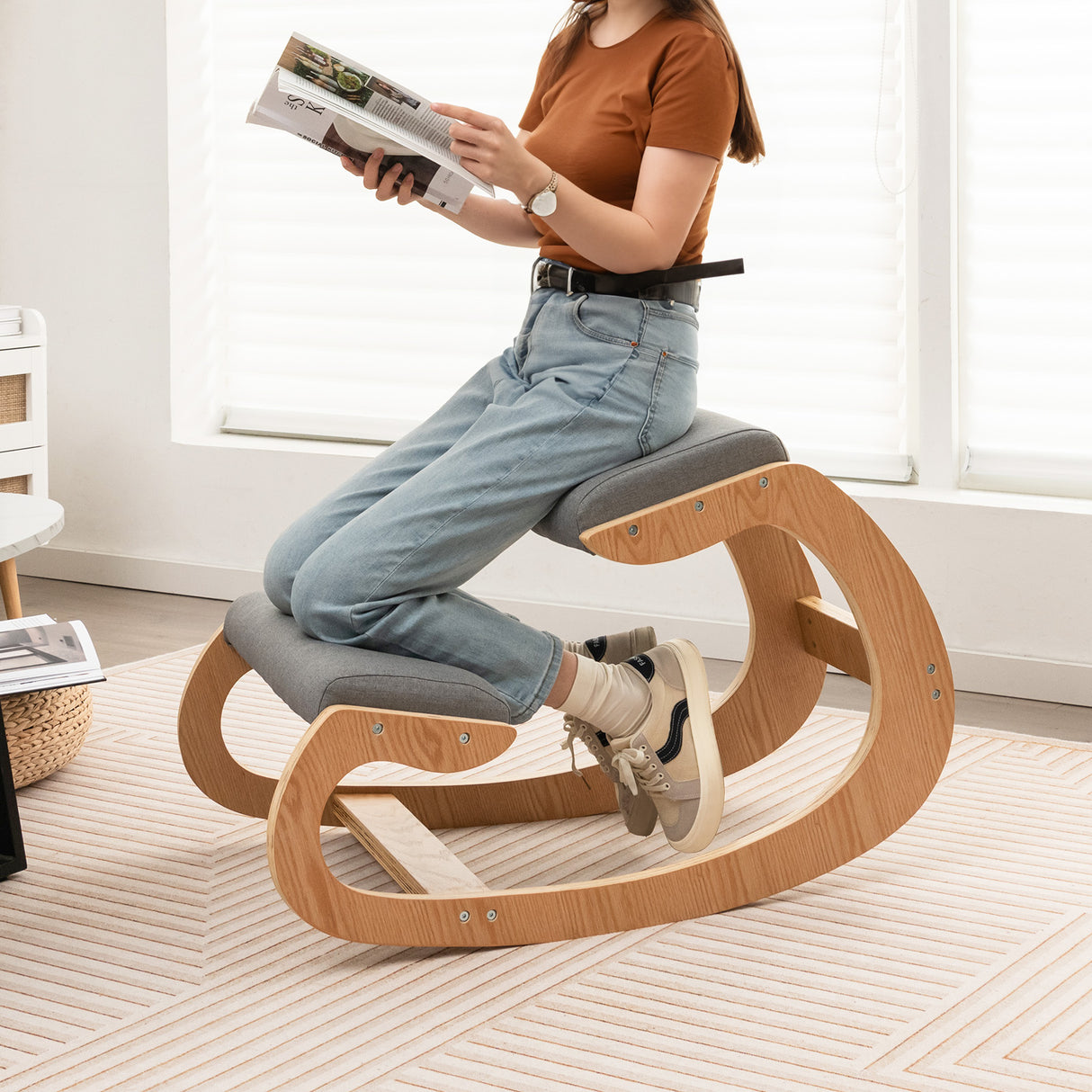 Wooden Rocking Chair with Comfortable Padded Seat Cushion and Knee Support