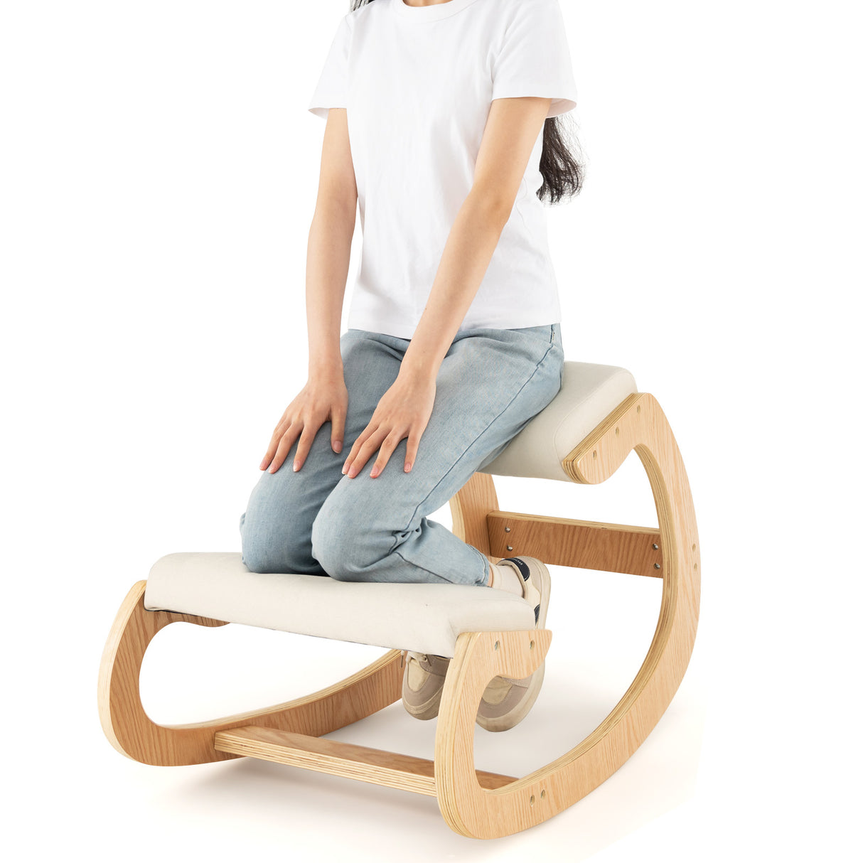 Wooden Rocking Chair with Comfortable Padded Seat Cushion and Knee Support