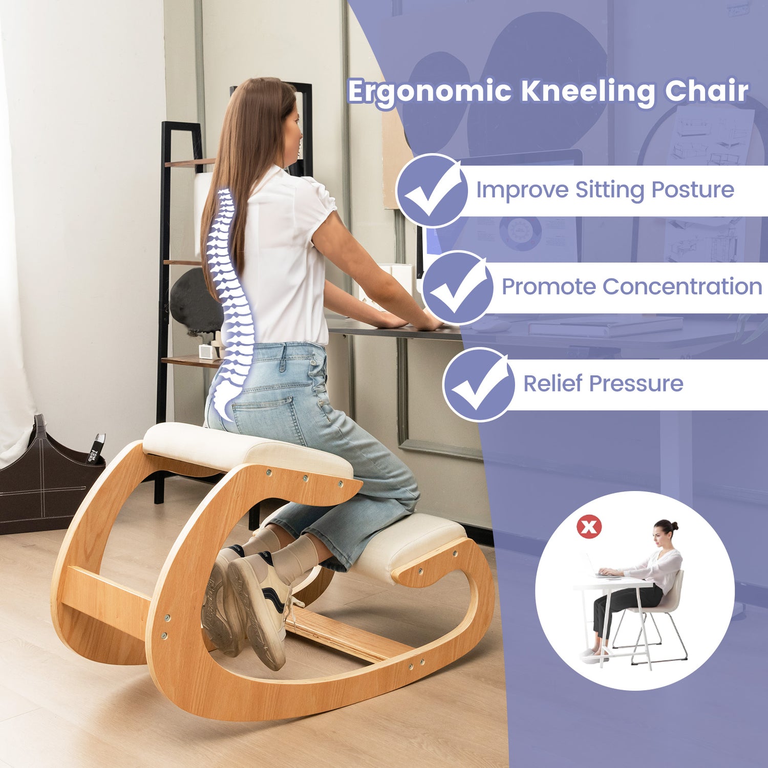 Wooden Rocking Chair with Comfortable Padded Seat Cushion and Knee Support