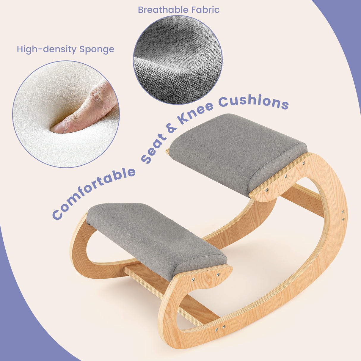 Wooden Rocking Chair with Comfortable Padded Seat Cushion and Knee Support
