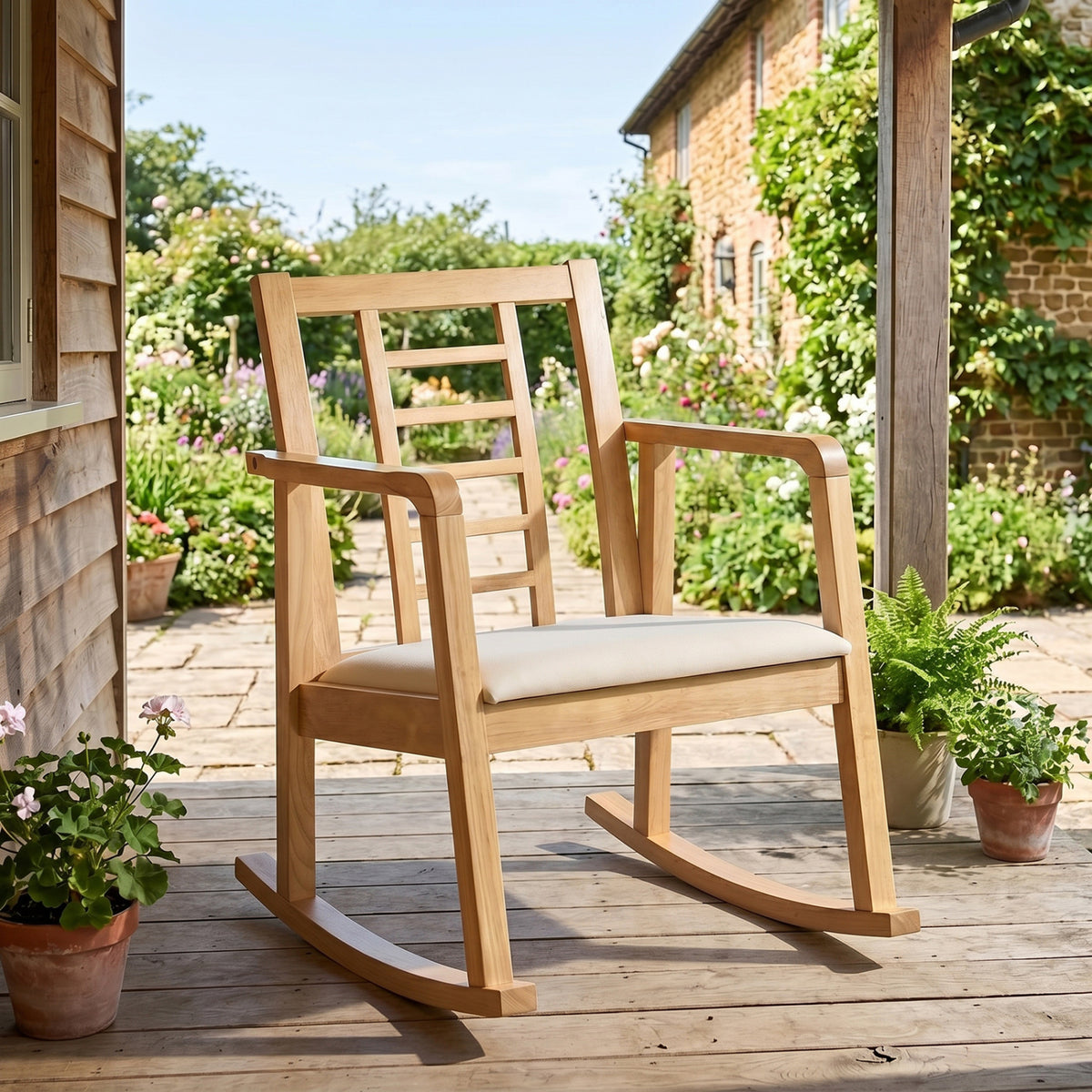 Wooden Rocking Chair with Upholstered Seat and Ladder Back for Living Room