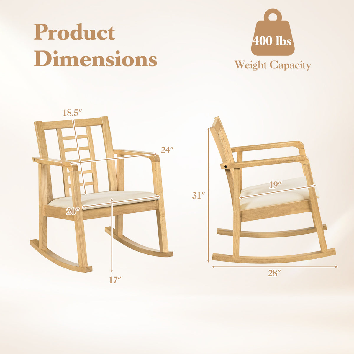 Wooden Rocking Chair with Upholstered Seat and Ladder Back for Living Room