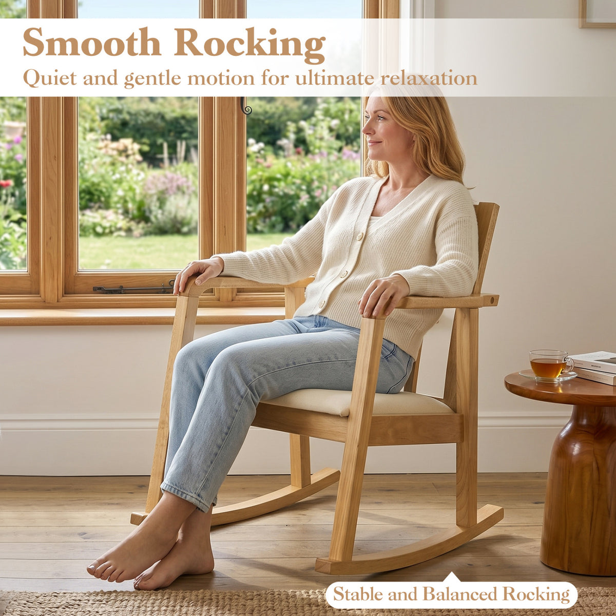 Wooden Rocking Chair with Upholstered Seat and Ladder Back for Living Room