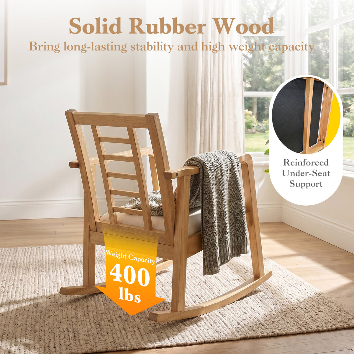 Wooden Rocking Chair with Upholstered Seat and Ladder Back for Living Room