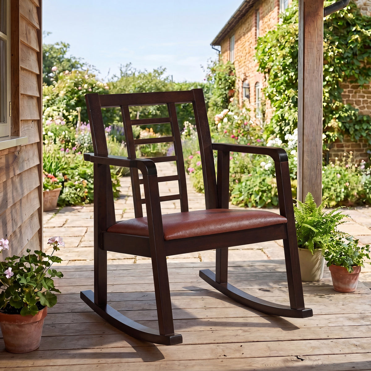 Wooden Rocking Chair with Upholstered Seat and Ladder Back for Living Room
