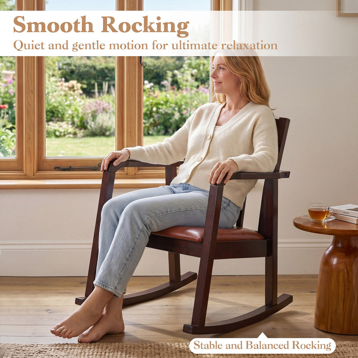 Wooden Rocking Chair with Upholstered Seat and Ladder Back for Living Room
