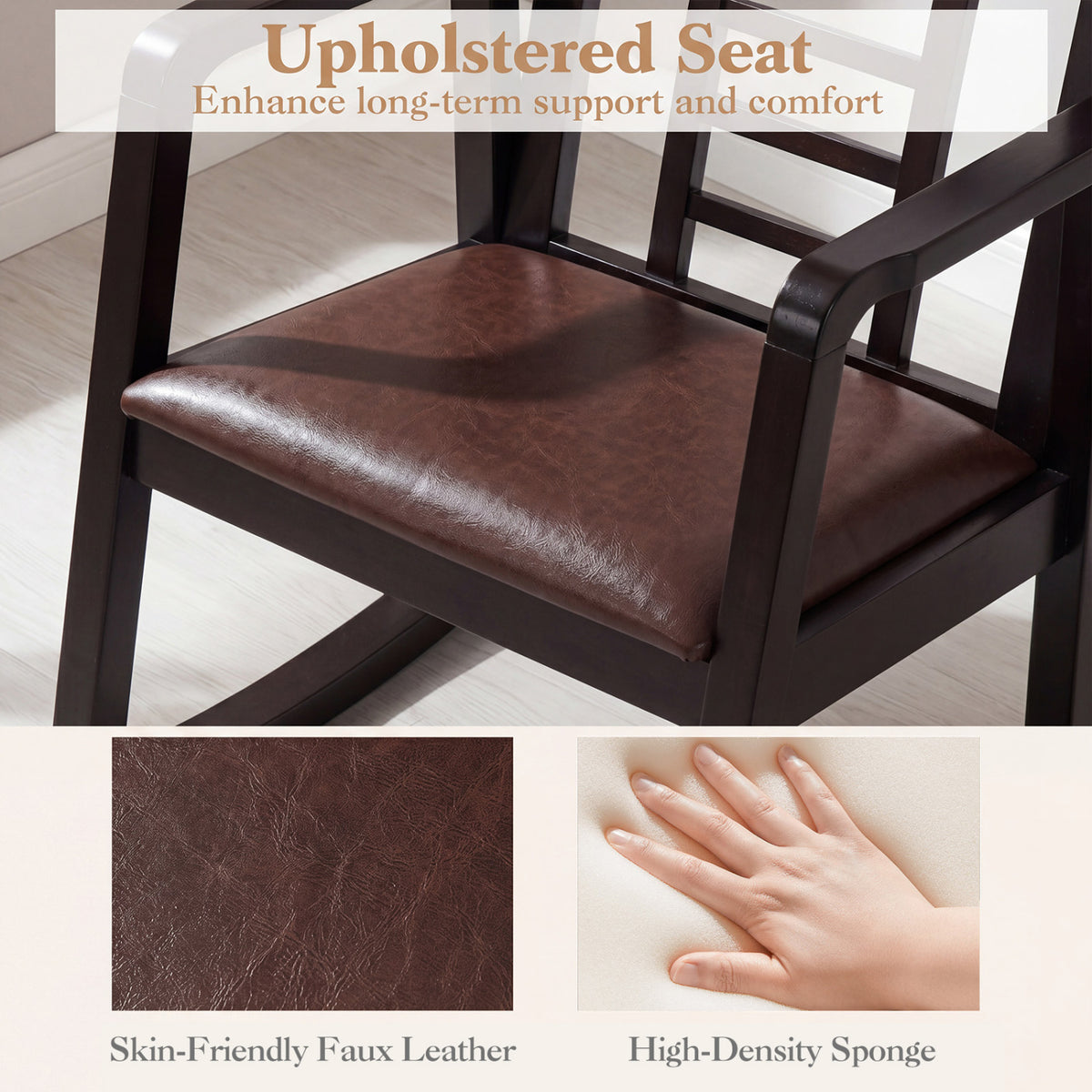 Wooden Rocking Chair with Upholstered Seat and Ladder Back for Living Room