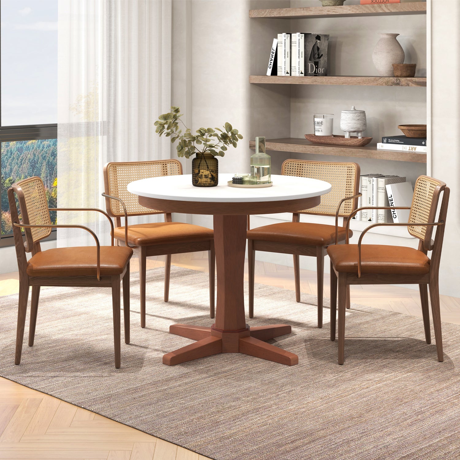 35 Inches Wooden Round Dining Table with Pedestal Base-White
