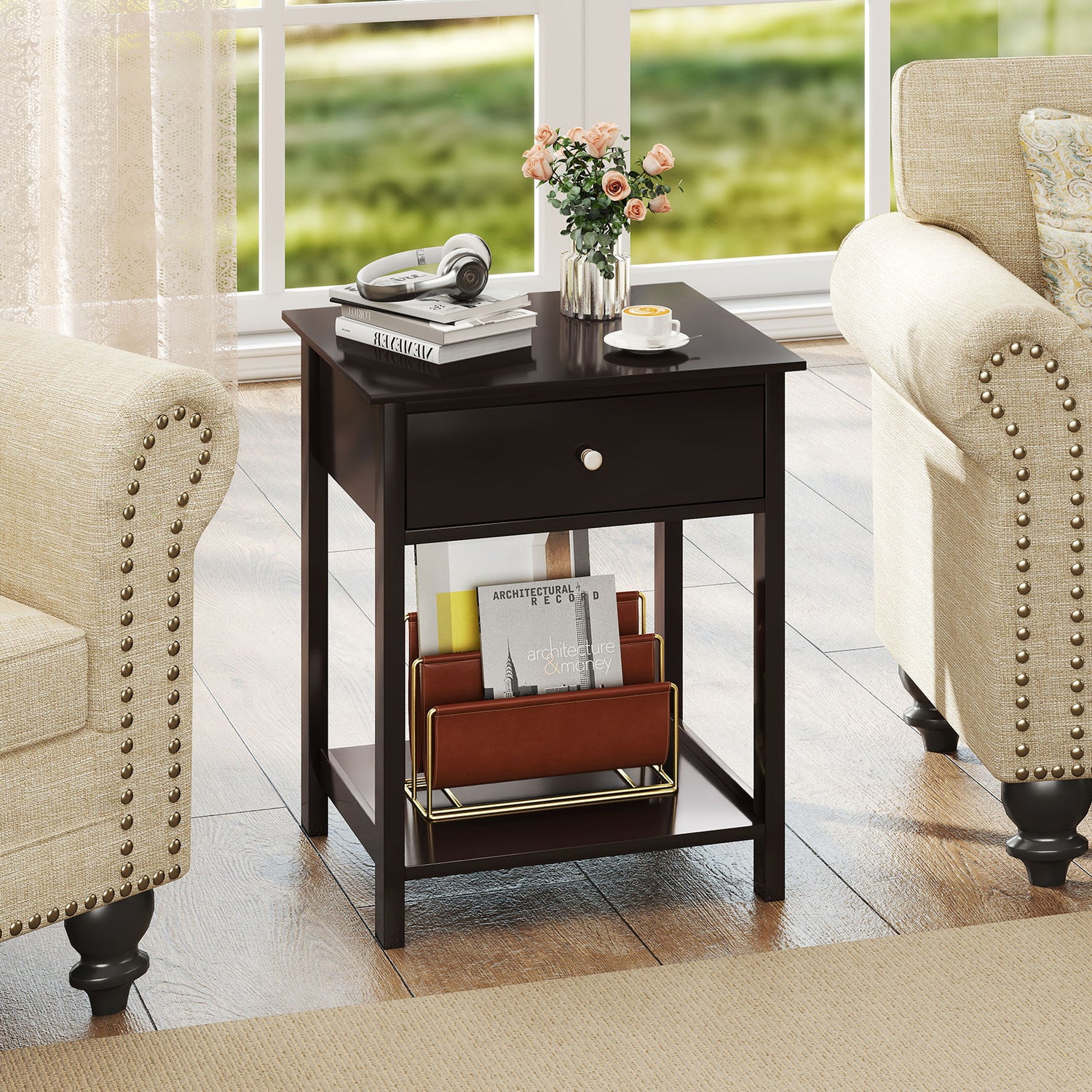 Wooden Storage Shelf with Drawer for Bedroom and Living Room