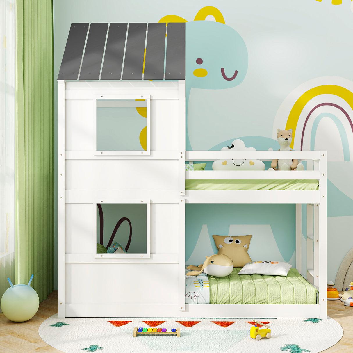 Wooden Twin Over Twin Bunk Bed with Full-length Safety Guardrail and Ladder-White and Gray