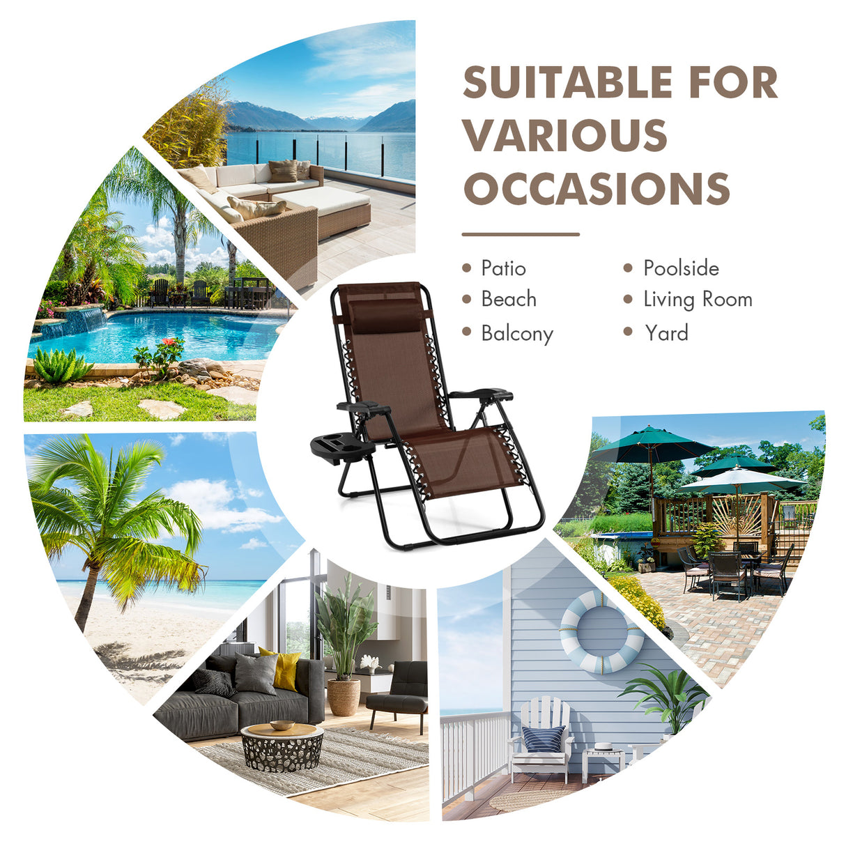 Outdoor Folding Zero Gravity Reclining Lounge Chair with Utility Tray