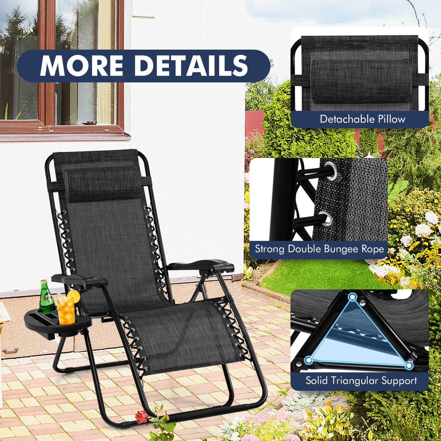 Outdoor Folding Zero Gravity Reclining Lounge Chair with Utility Tray