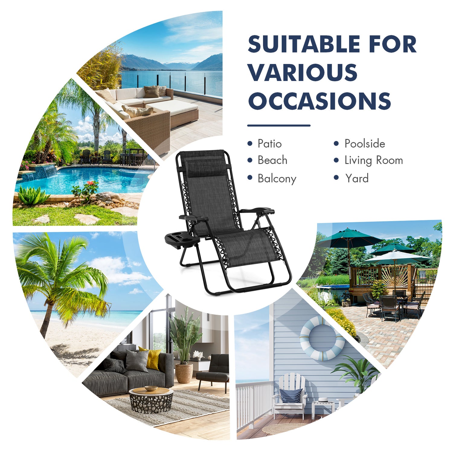 Outdoor Folding Zero Gravity Reclining Lounge Chair with Utility Tray