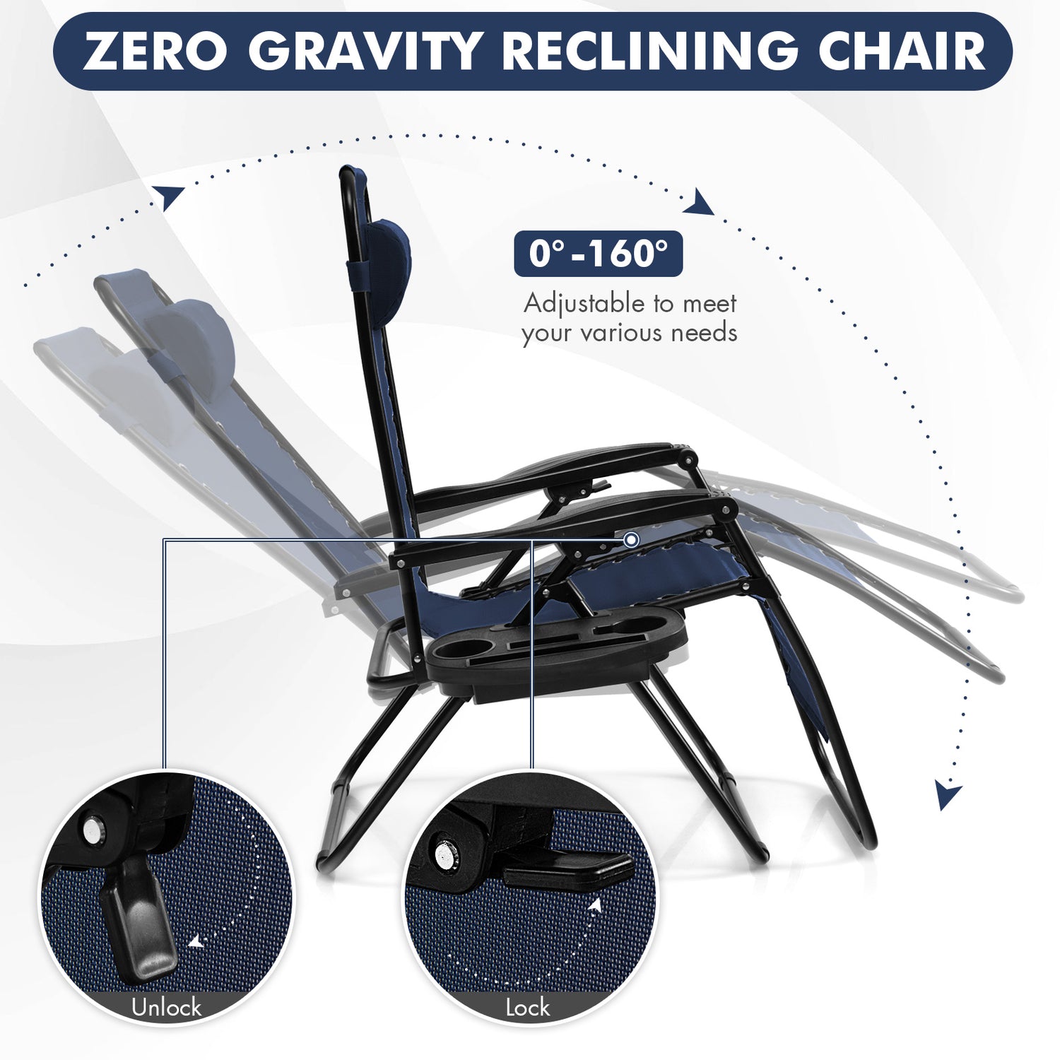 Outdoor Folding Zero Gravity Reclining Lounge Chair with Utility Tray