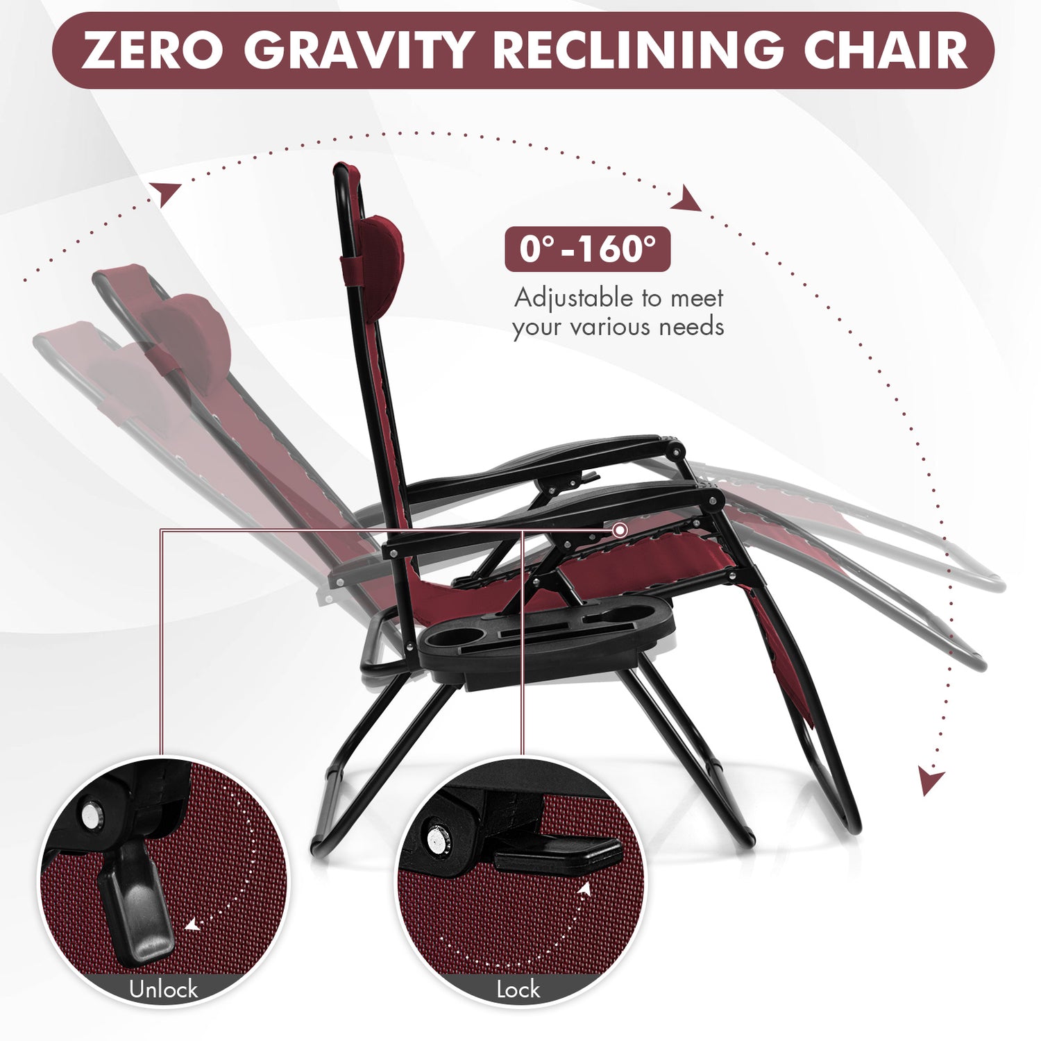 Outdoor Folding Zero Gravity Reclining Lounge Chair with Utility Tray