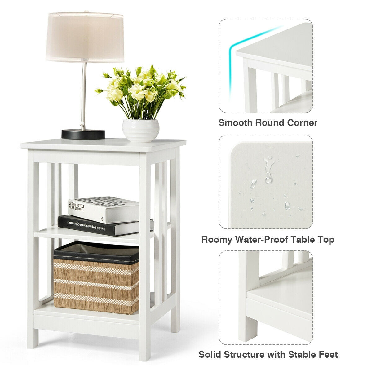 3-Tier Nightstand Side Table with Baffles and Corners