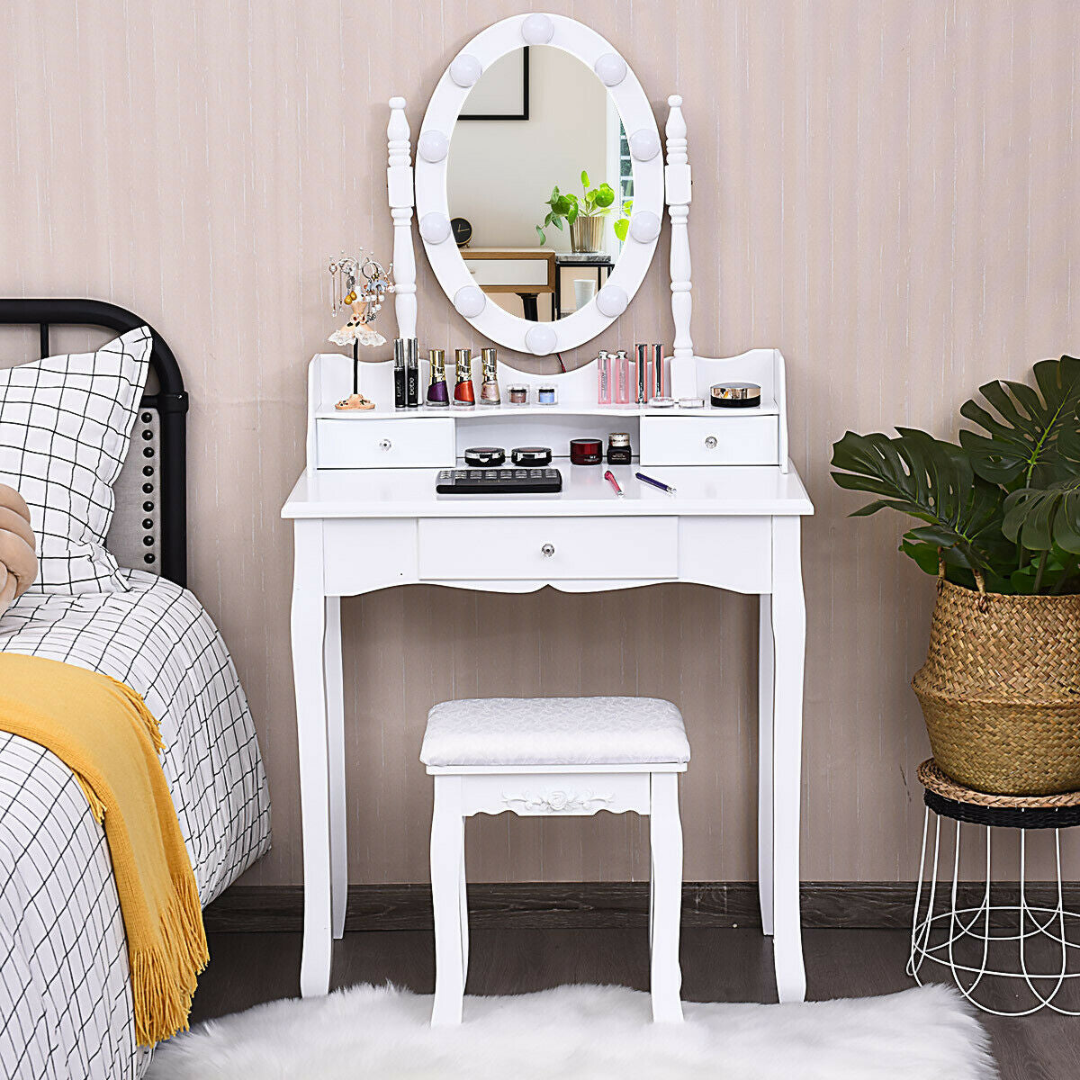 Oval Mirror Vanity Set with 10 LED Dimmable Bulbs and 3 Drawers