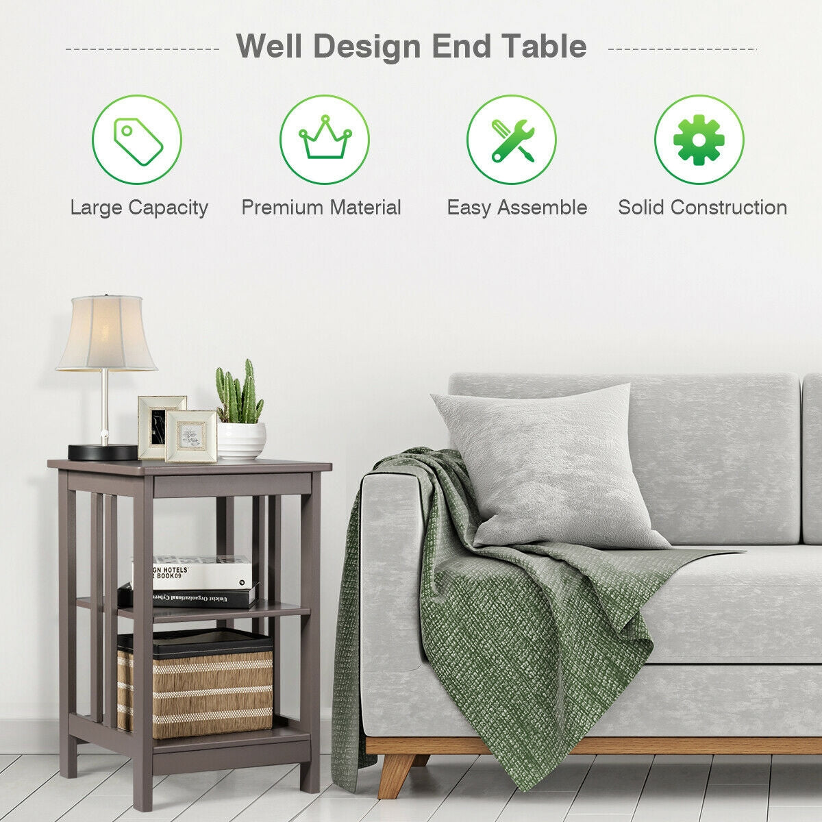 3-Tier Nightstand Side Table with Baffles and Corners