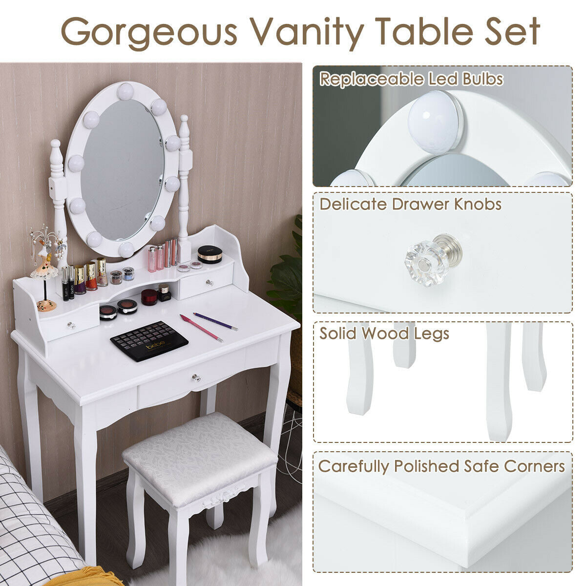 Oval Mirror Vanity Set with 10 LED Dimmable Bulbs and 3 Drawers