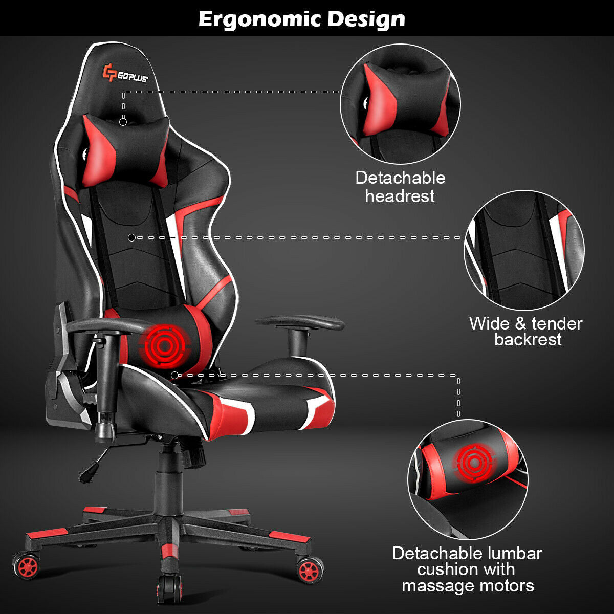 Lumbar Support Massage Gaming Reclining Racing Chair