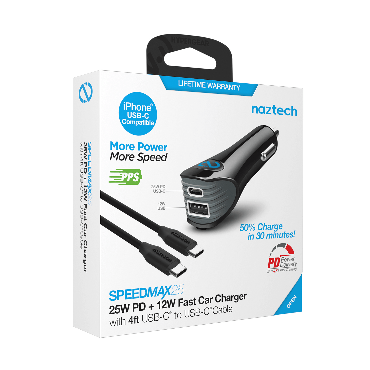Naztech N420 PD25W+2.4A Car Charger + C - C Cable 4Ft