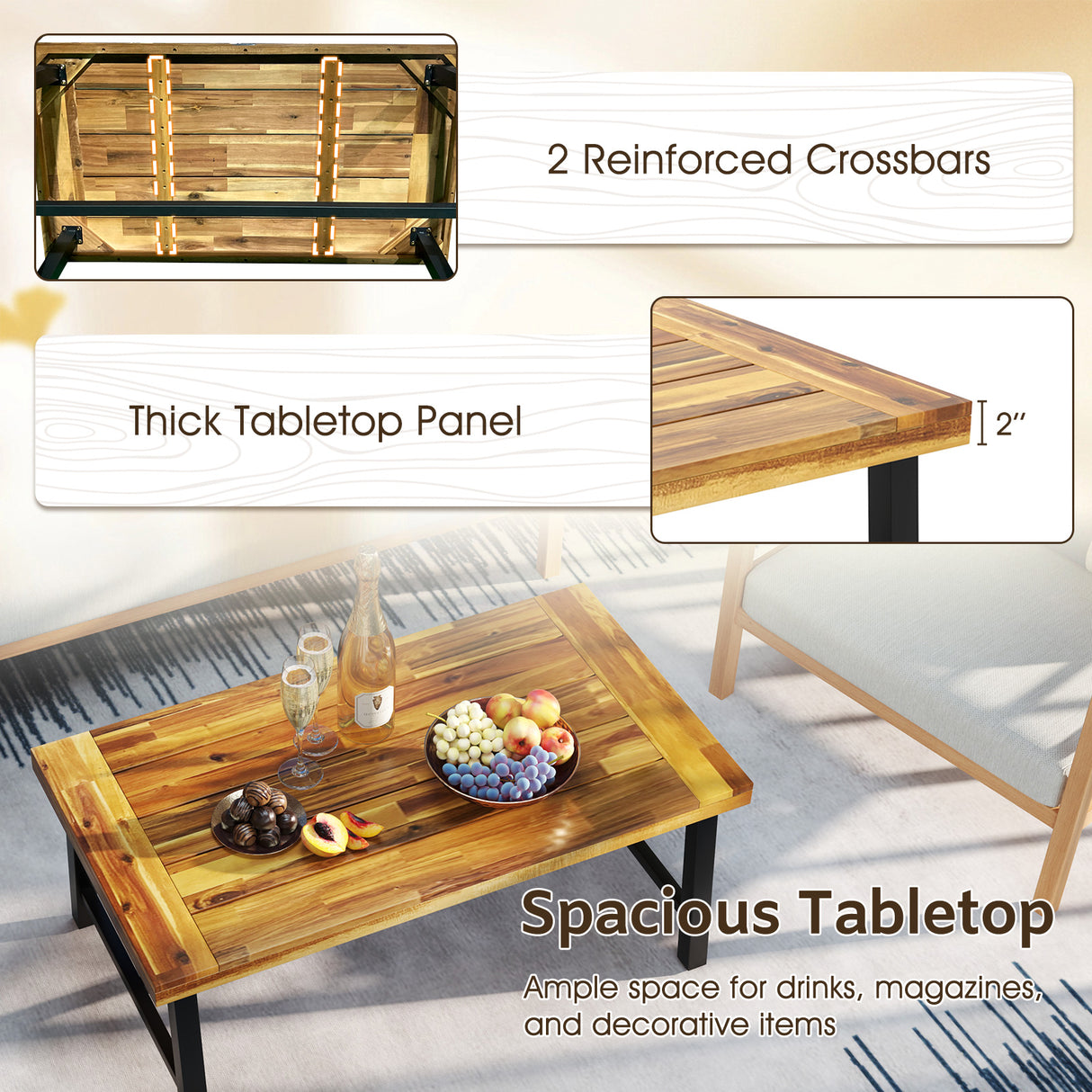 Acacia Wood Coffee Table with Thickened Top and Heavy-duty Metal Legs