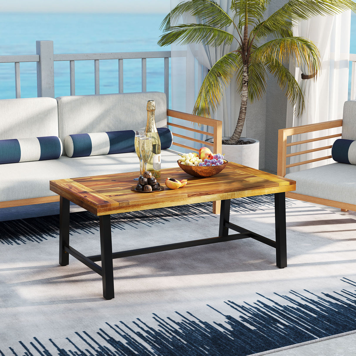 Acacia Wood Coffee Table with Thickened Top and Heavy-duty Metal Legs
