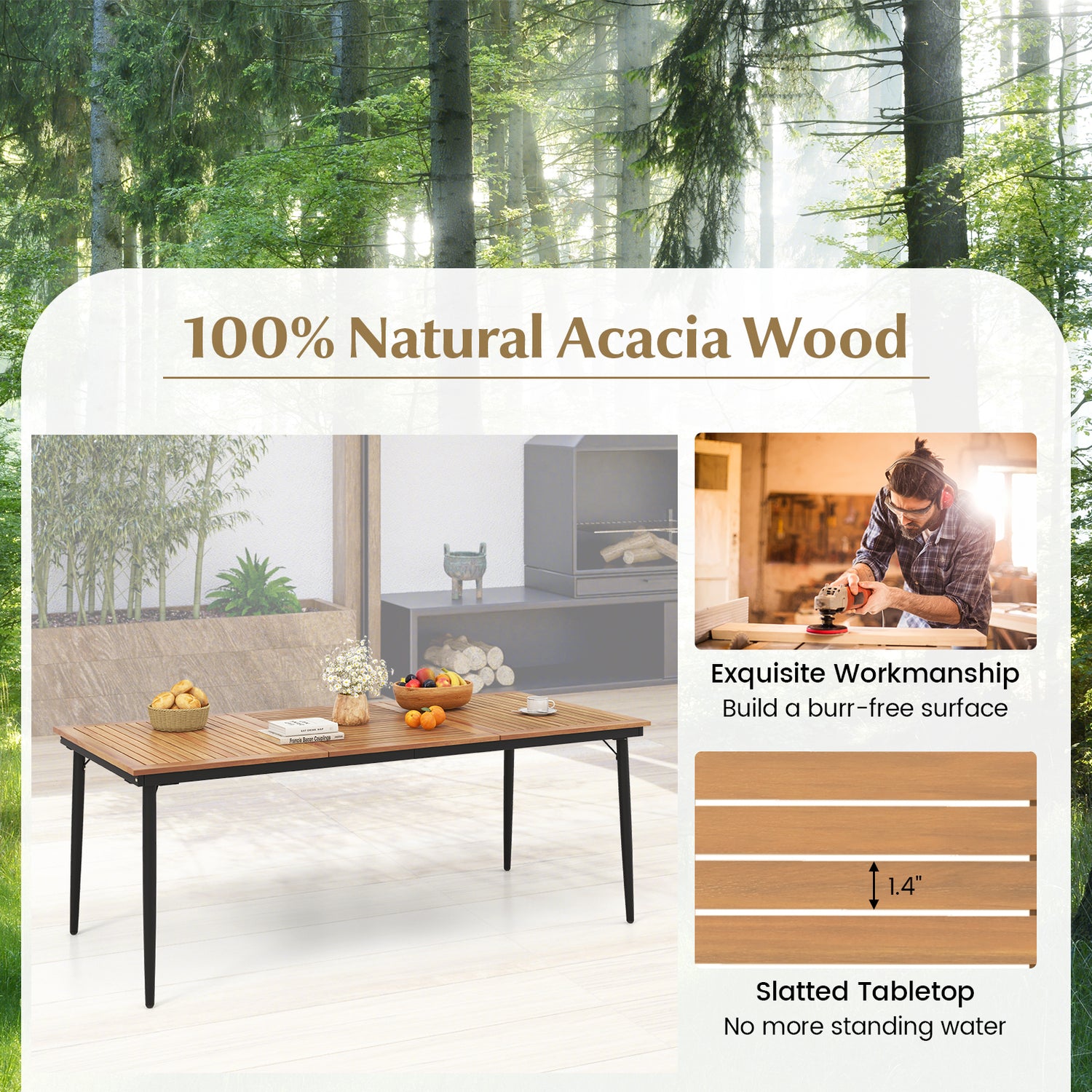 79 Inch Acacia Wood Outdoor Dining Table for 8 with 1.9 Inch Umbrella Hole