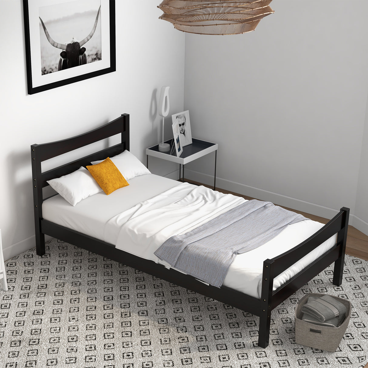 Twin Size Rustic Platform Bed Frame with Headboard and Footboard