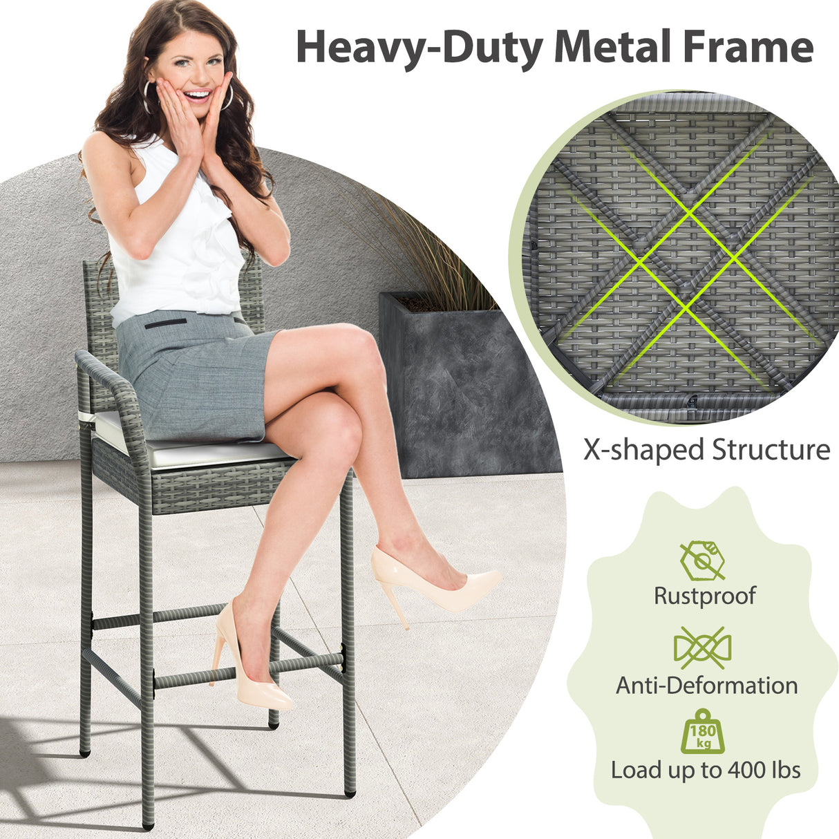 All Weather PE Rattan Bar Chairs Set of 4 with Armrests and Seat Cushions for Porch Backyard