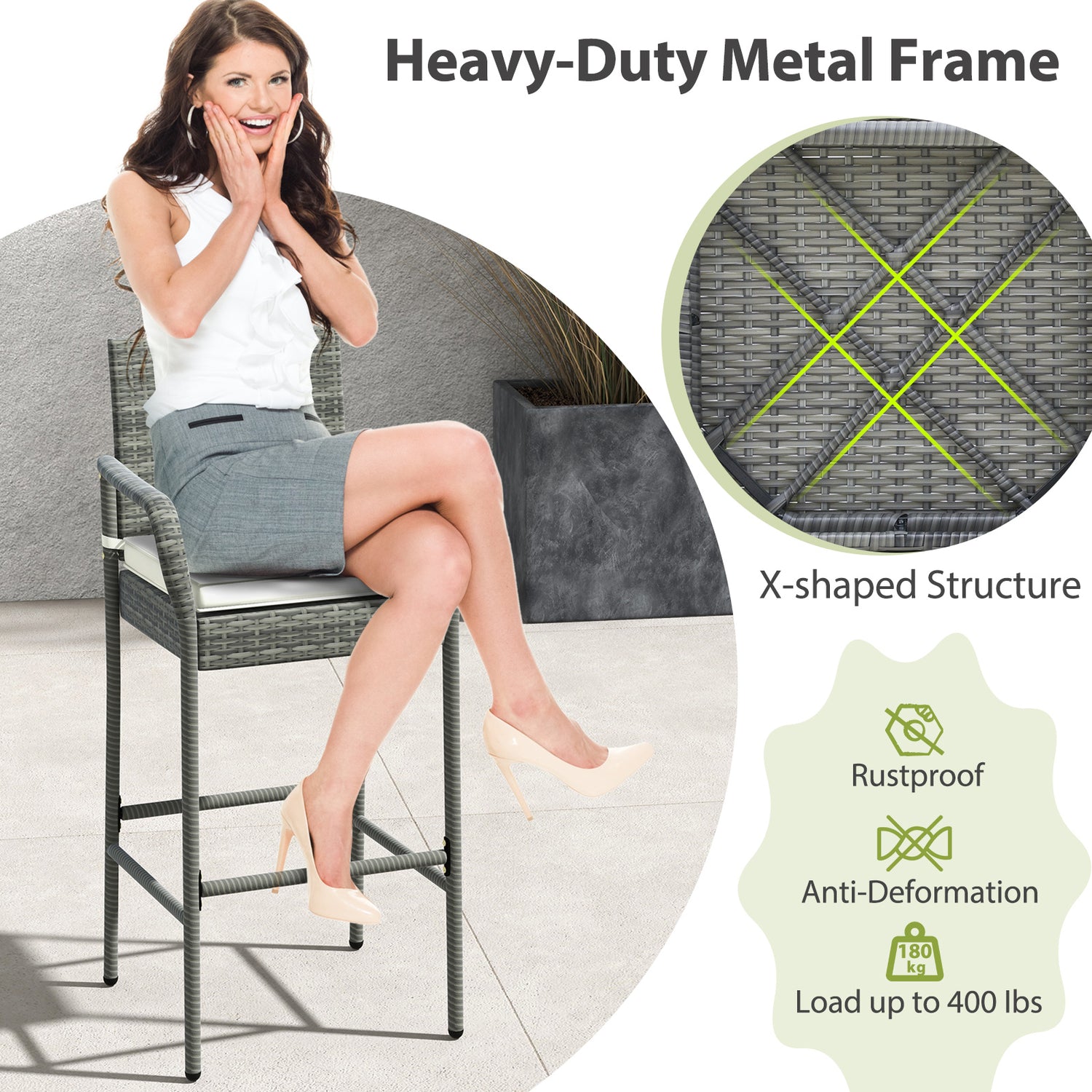 All Weather PE Rattan Bar Chairs Set of 4 with Armrests and Seat Cushions for Porch Backyard