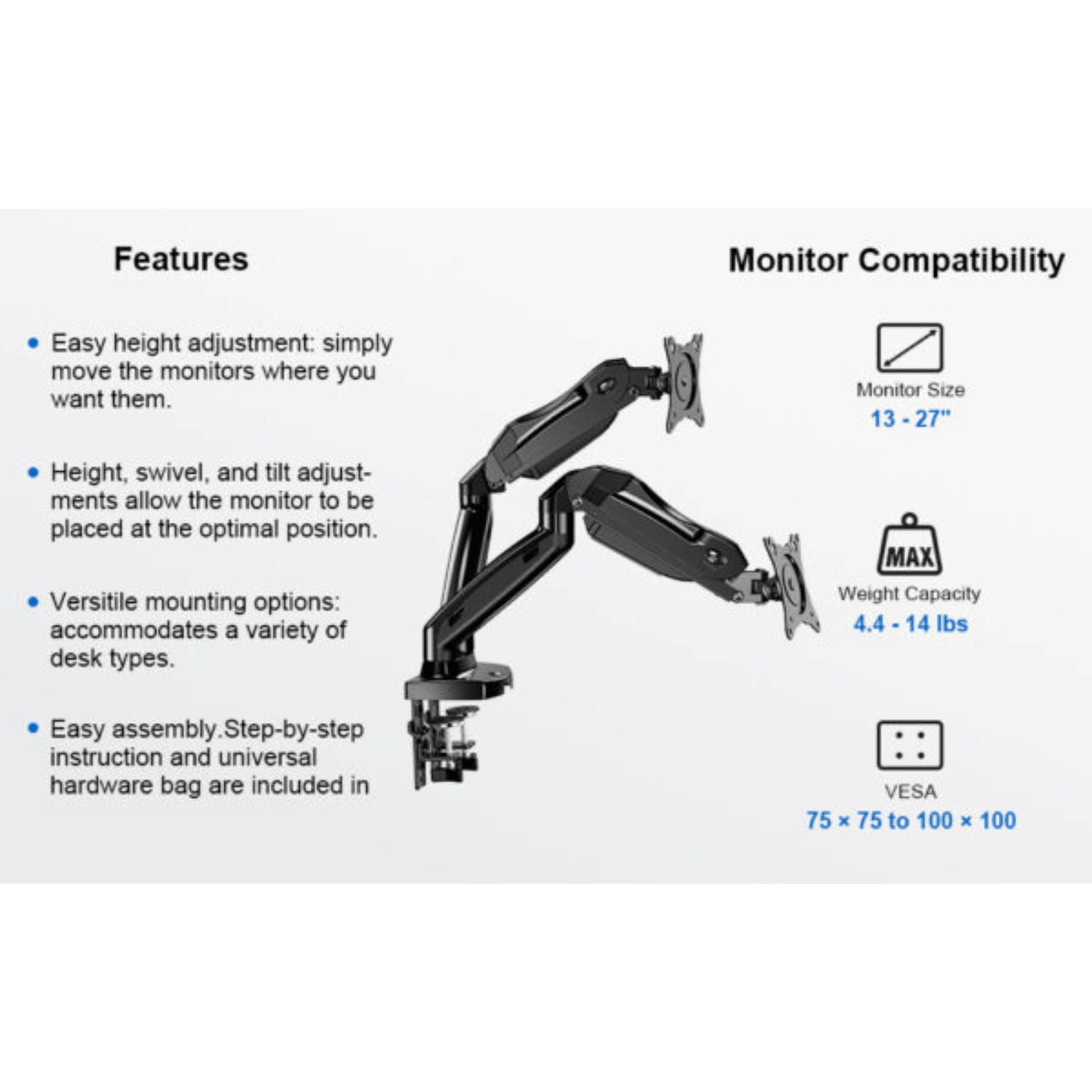 ErgoAV Gas Spring Desk Mount for Dual Monitors 13" to 27"