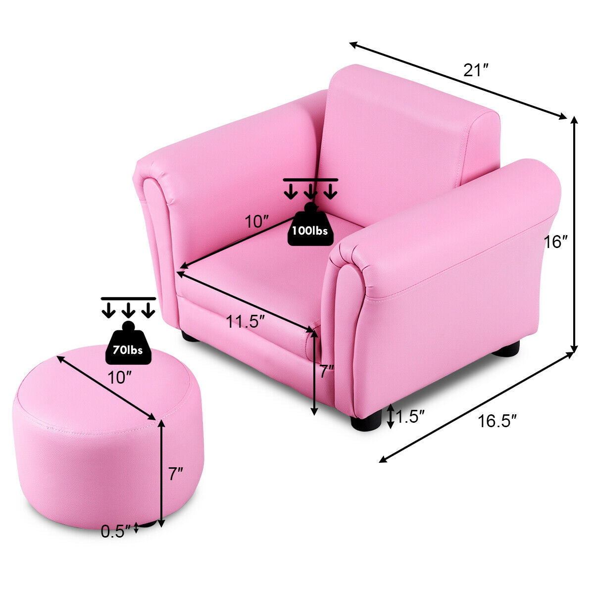 Black Kids Single Armrest Couch Sofa with Ottoman