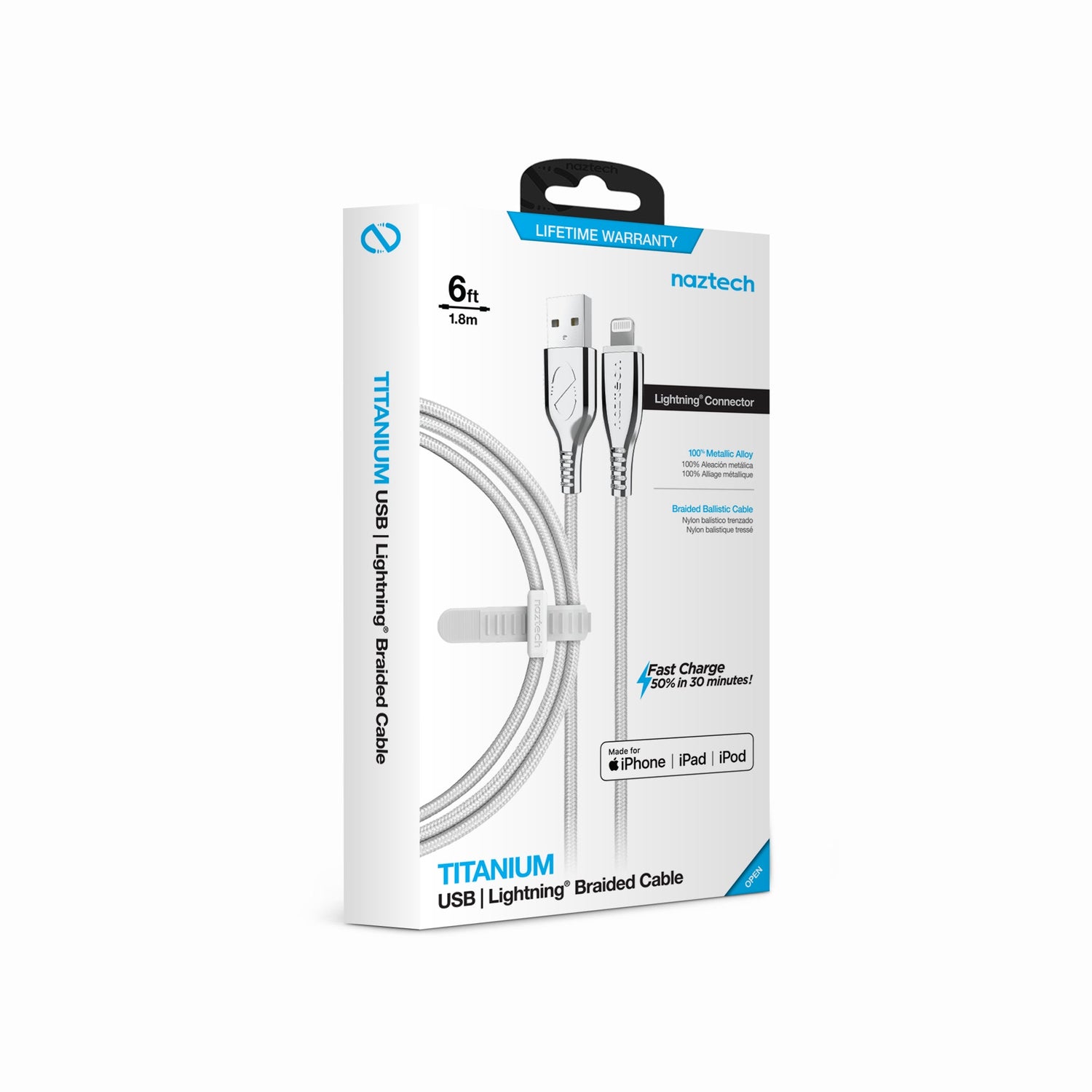 Naztech Titanium USB to MFi Lightning Braided Cable 6ft