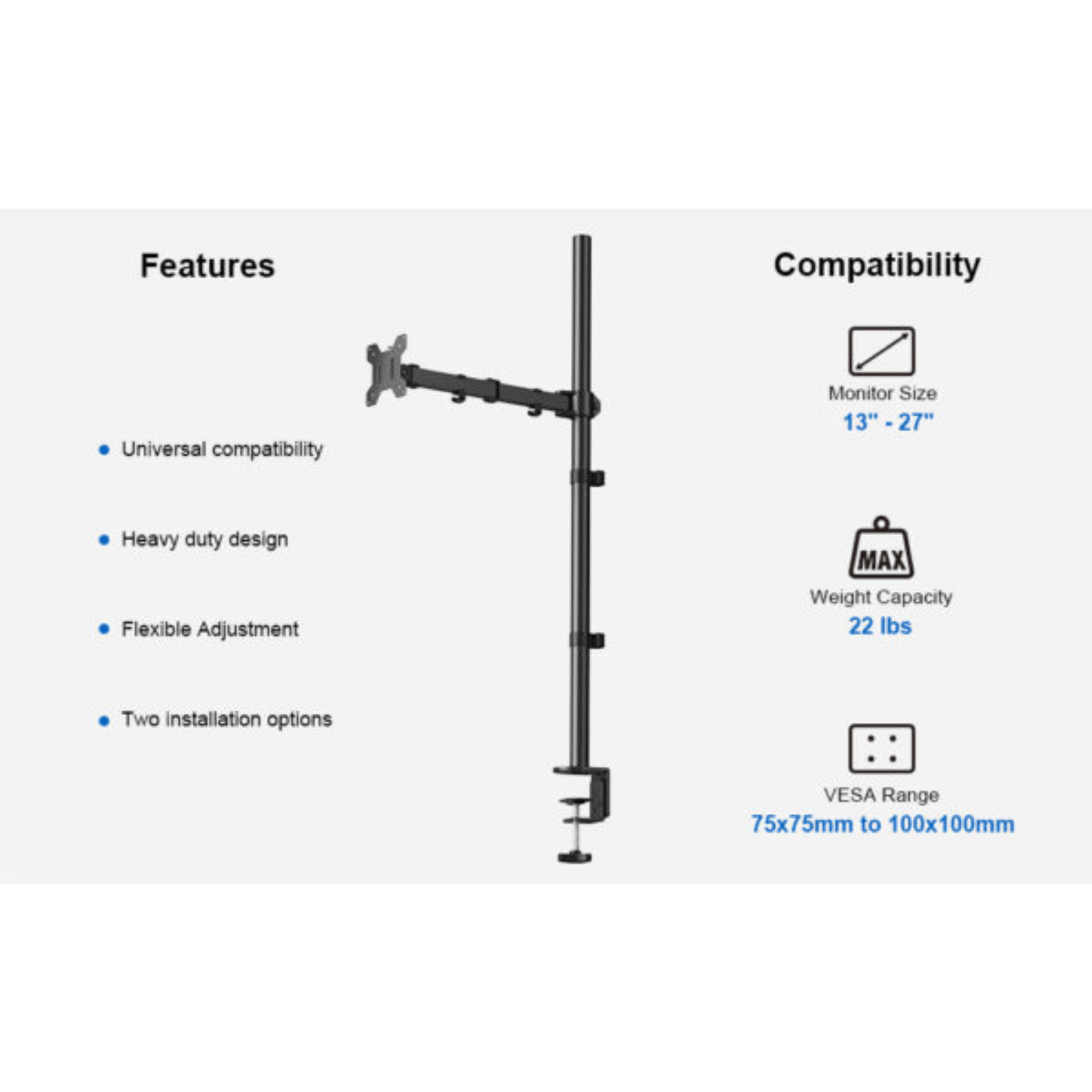 ErgoAV Motion Mount for Single Monitors 13" to 27"