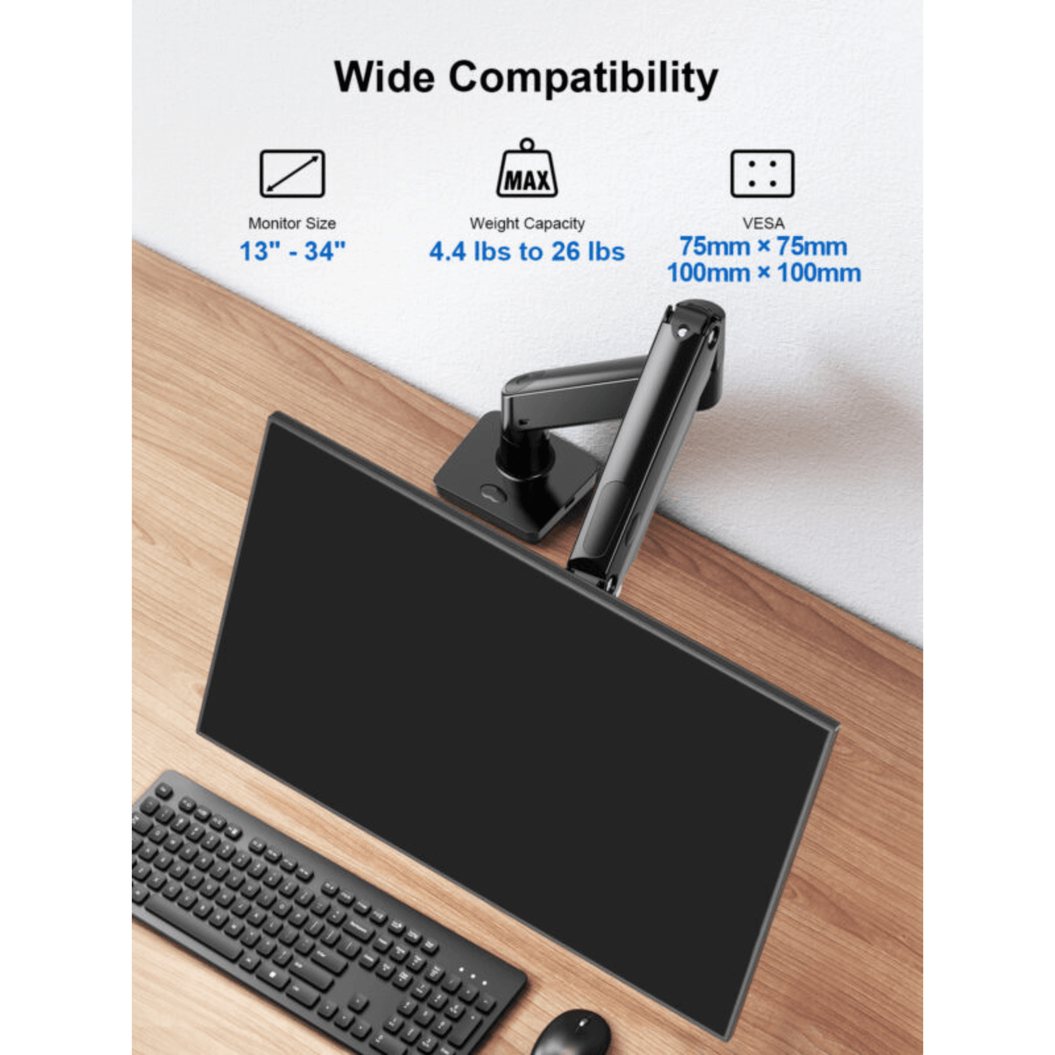 ErgoAV Gas Spring Desk Mount for Single Monitors 13" to 34" and up to 26lbs