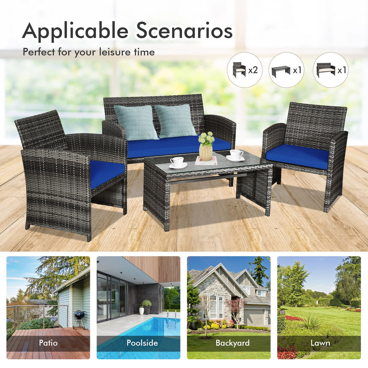 4 Pcs Patio Rattan Furniture Set Top Sofa With Glass Table