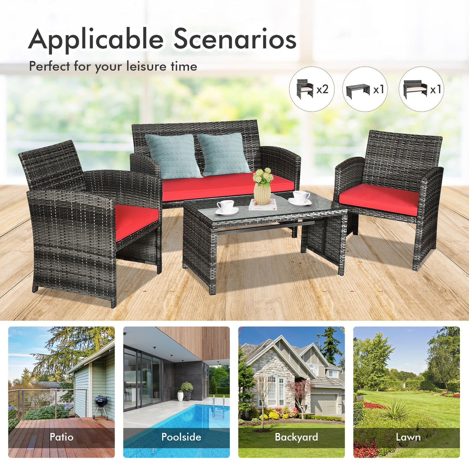 4 Pcs Patio Rattan Furniture Set Top Sofa With Glass Table