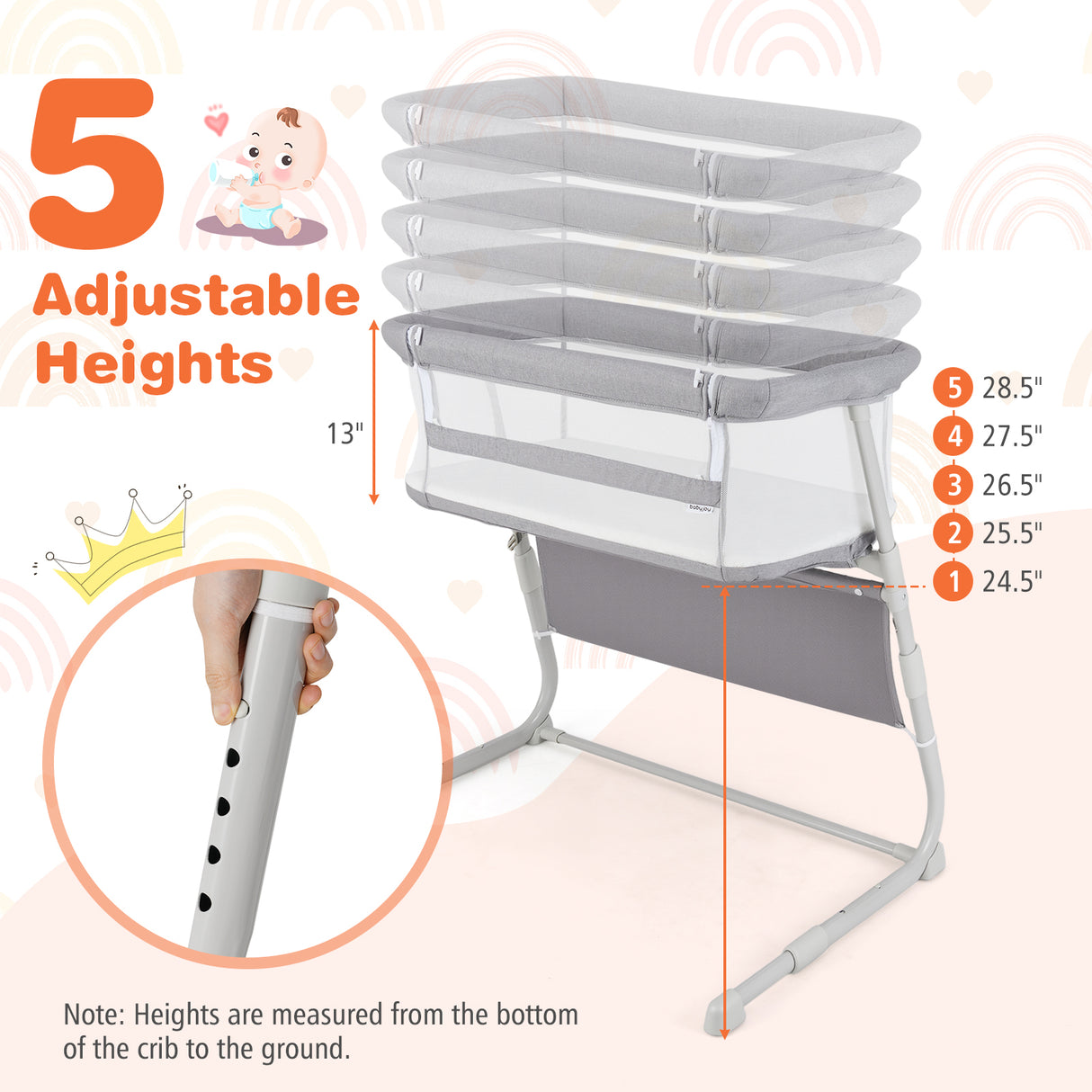 Baby Bassinet Bedside Crib with Adjustable Height Comfy Mattress-Gray