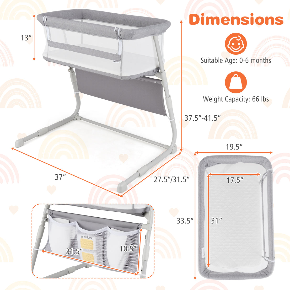 Baby Bassinet Bedside Crib with Adjustable Height Comfy Mattress-Gray