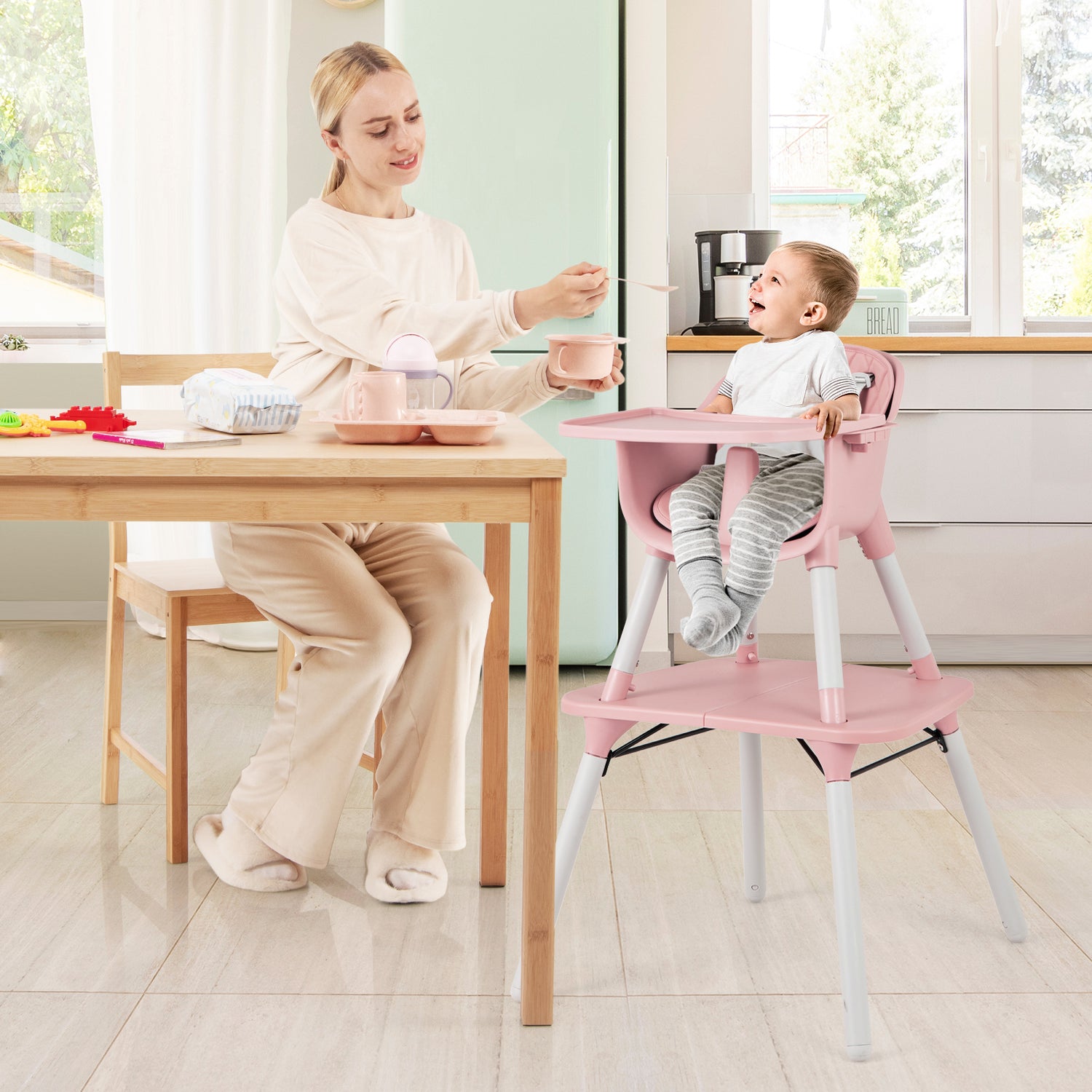 4-in-1 Baby Convertible Toddler Table Chair Set with PU Cushion