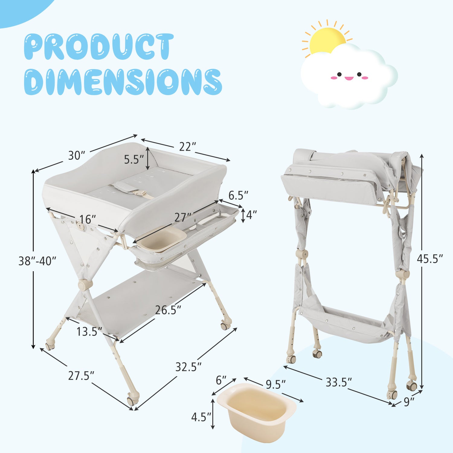 Baby Diaper Changing Table with Water Basin Wheel