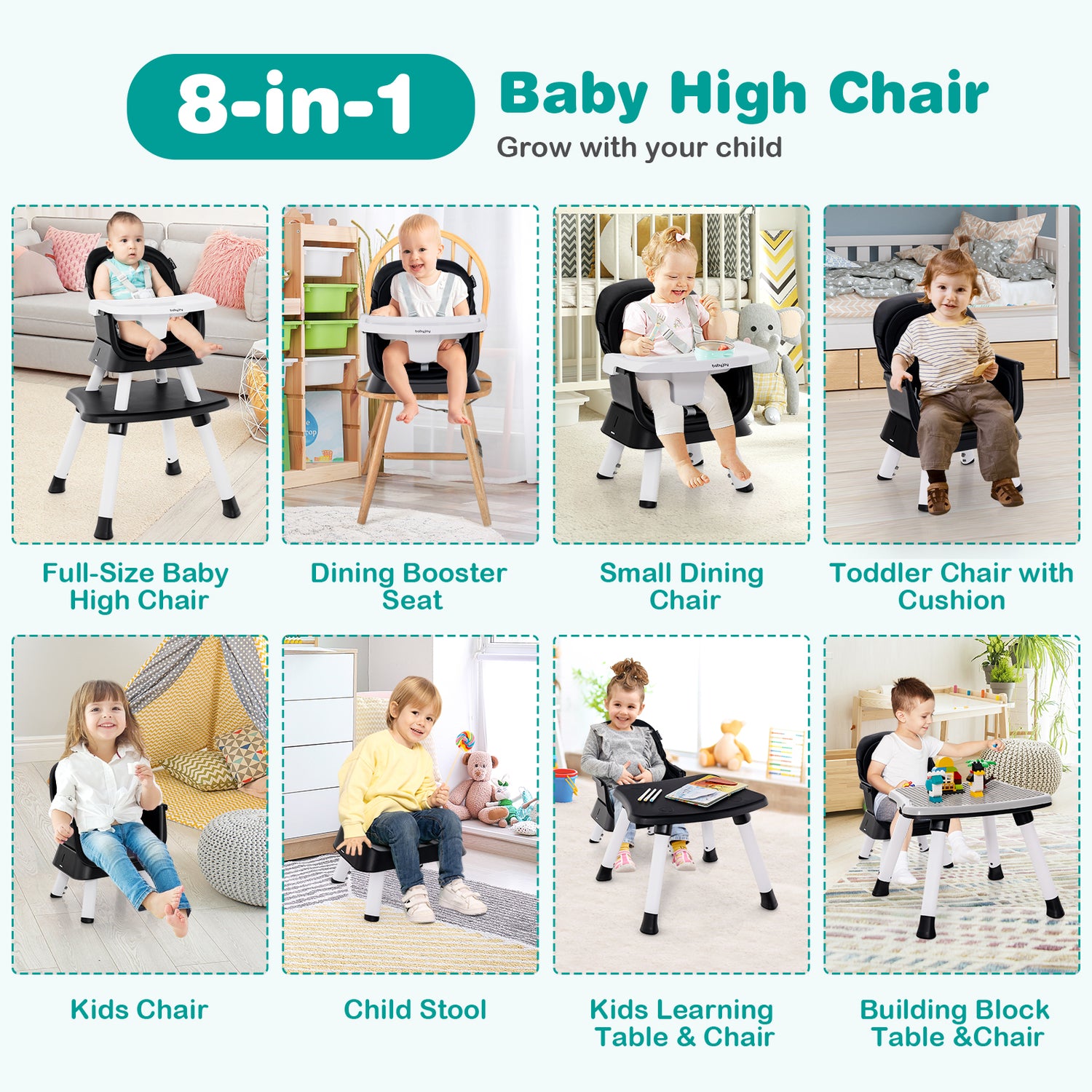 6-in-1 Convertible Baby High Chair with Adjustable Removable Tray
