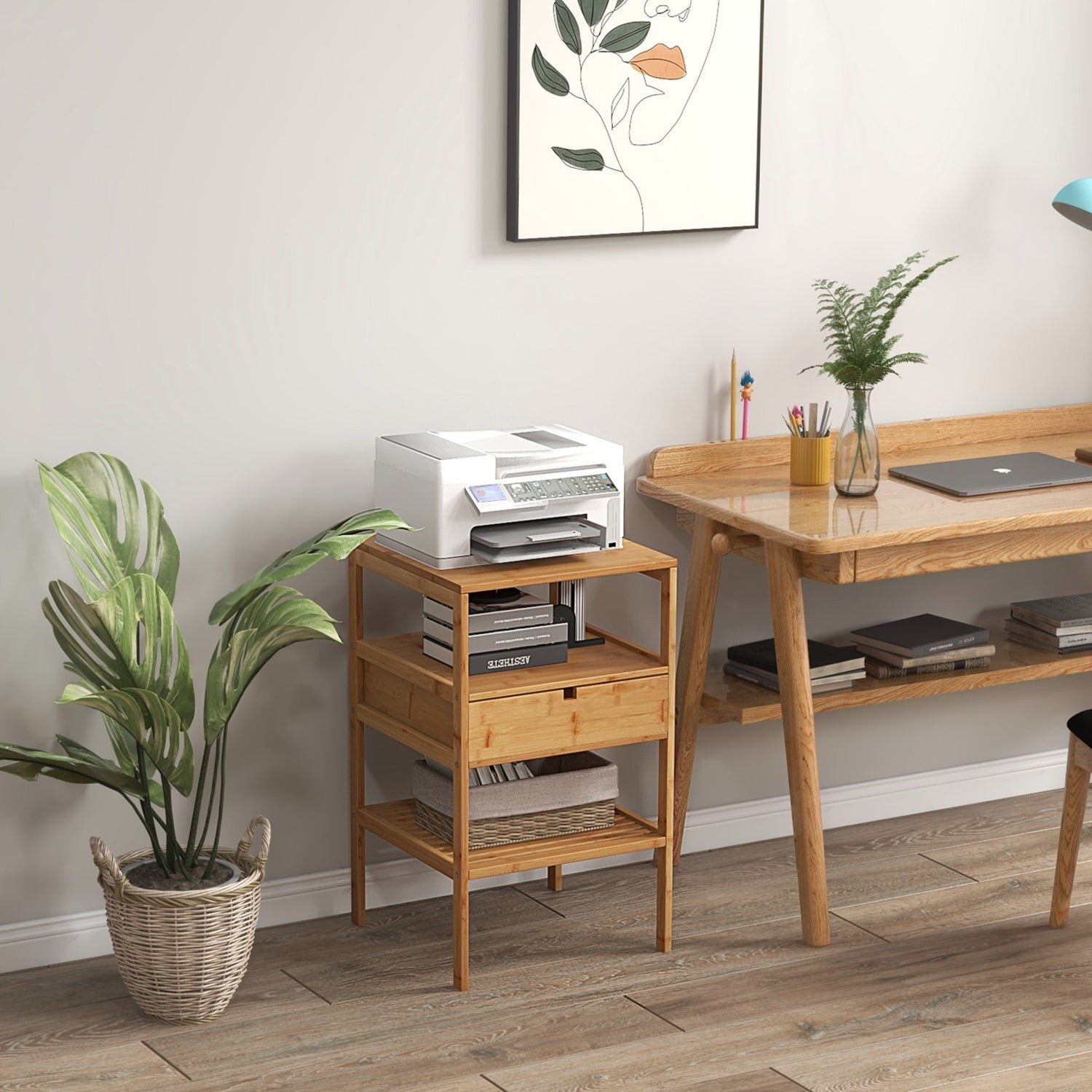 Nightstand Set of 2 Bamboo End Table with 2 Open Shelves and Drawer