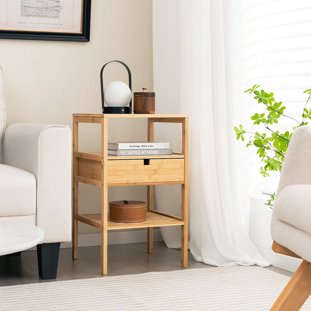 Nightstand Set of 2 Bamboo End Table with 2 Open Shelves and Drawer