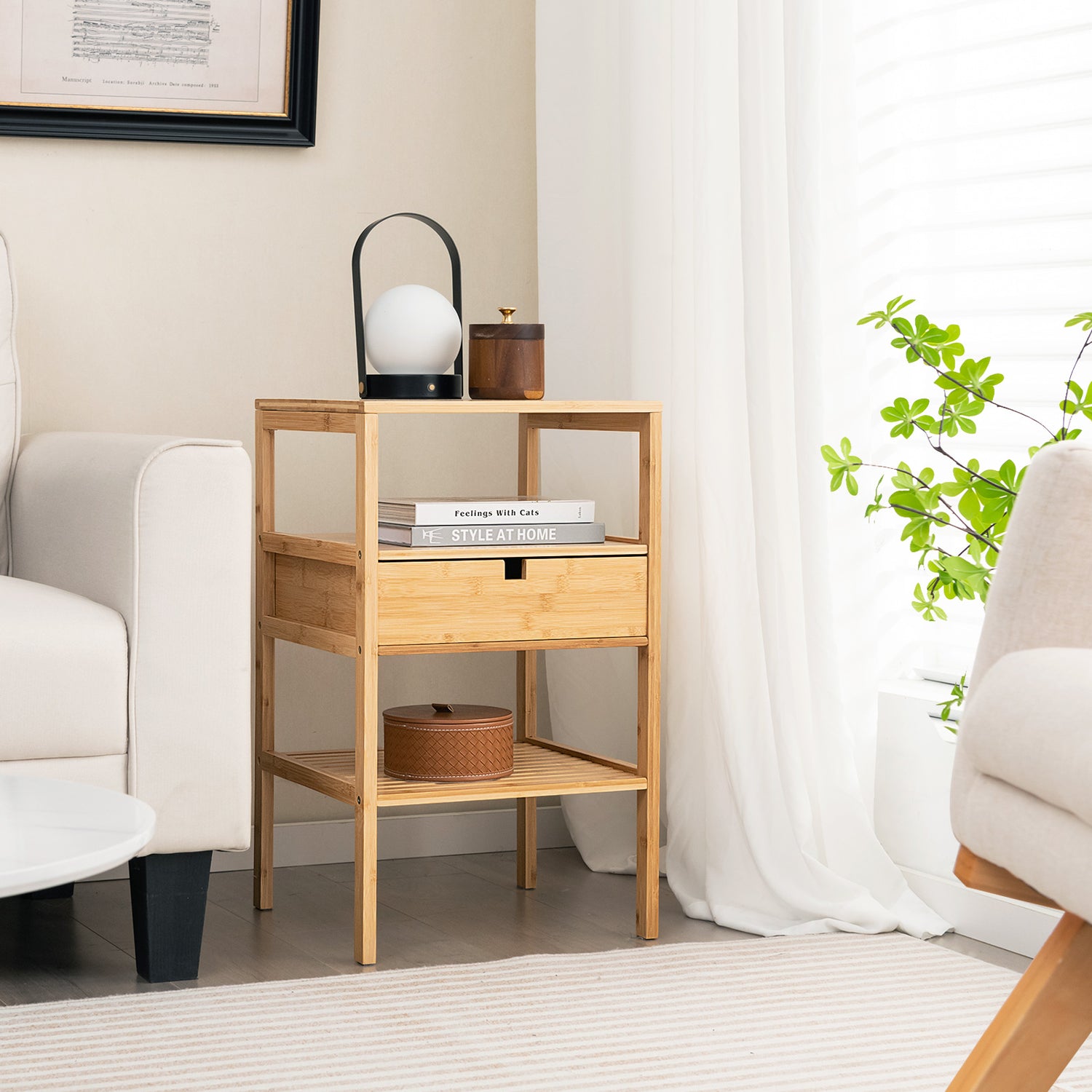 Nightstand Set of 2 Bamboo End Table with 2 Open Shelves and Drawer