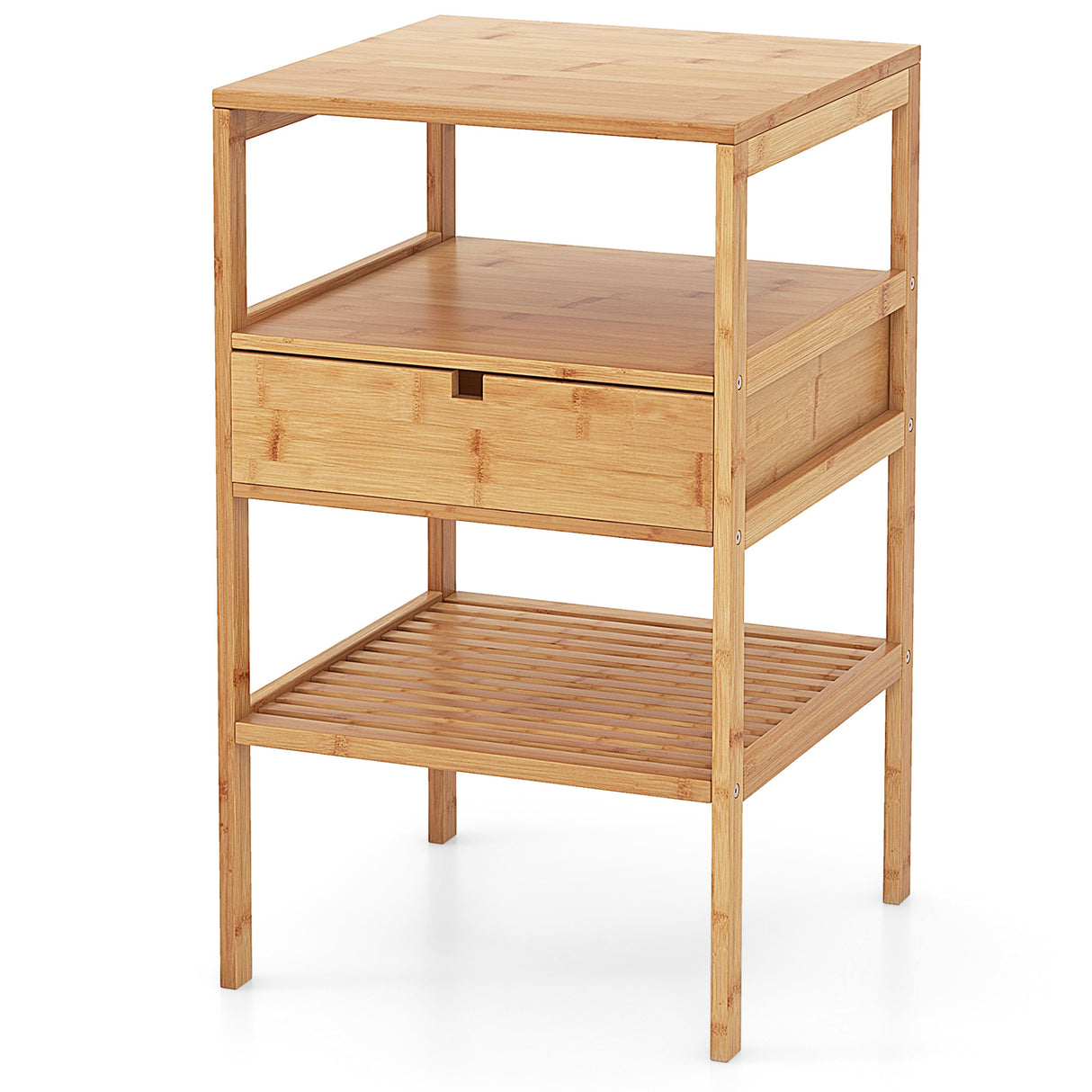 Nightstand Set of 2 Bamboo End Table with 2 Open Shelves and Drawer