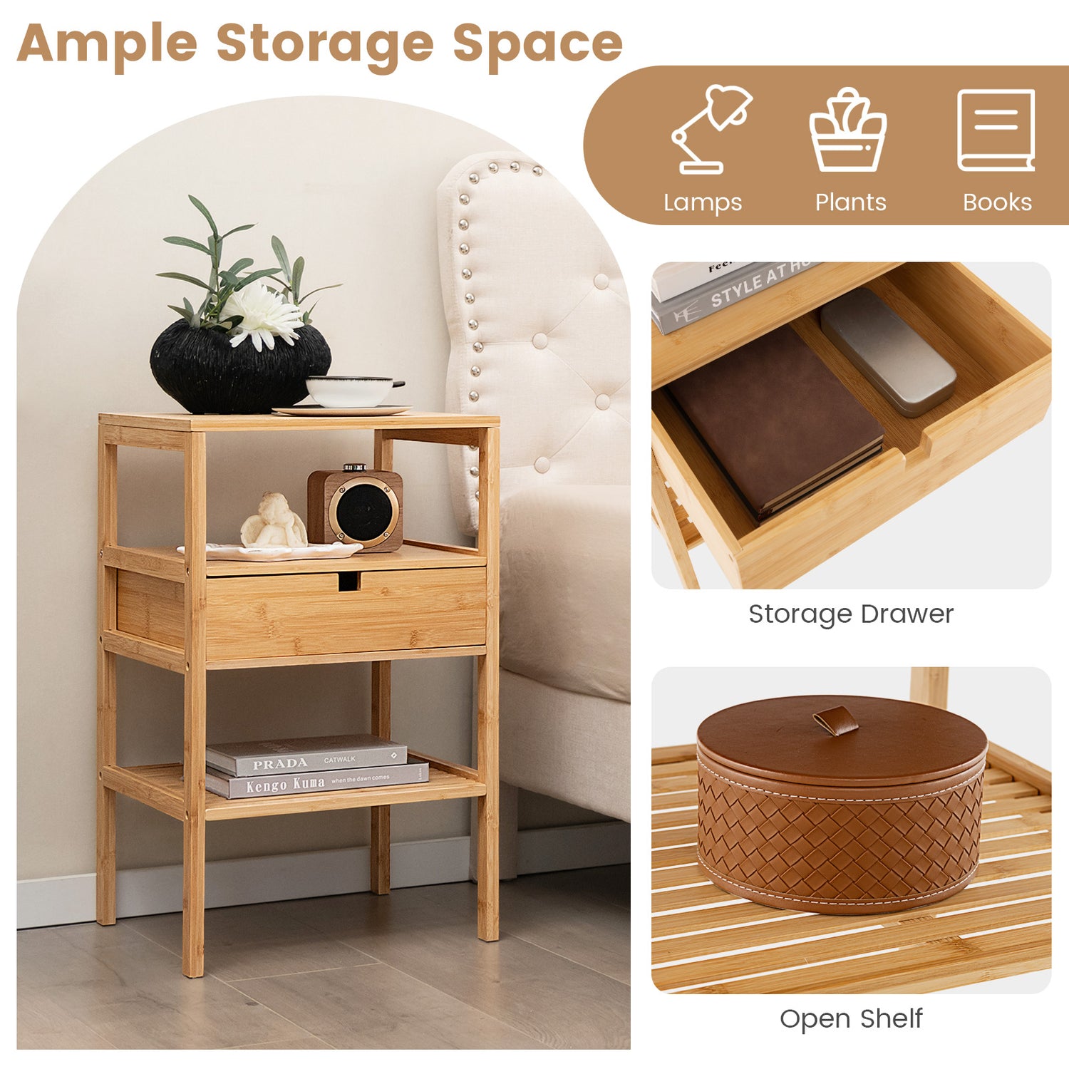 Nightstand Set of 2 Bamboo End Table with 2 Open Shelves and Drawer