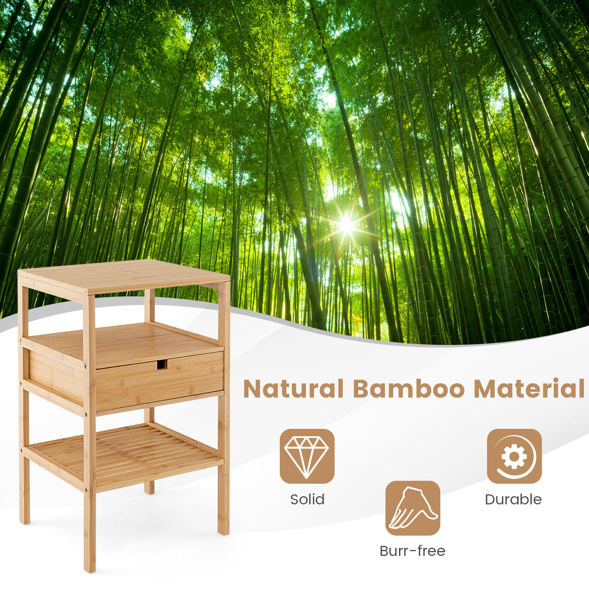Nightstand Set of 2 Bamboo End Table with 2 Open Shelves and Drawer